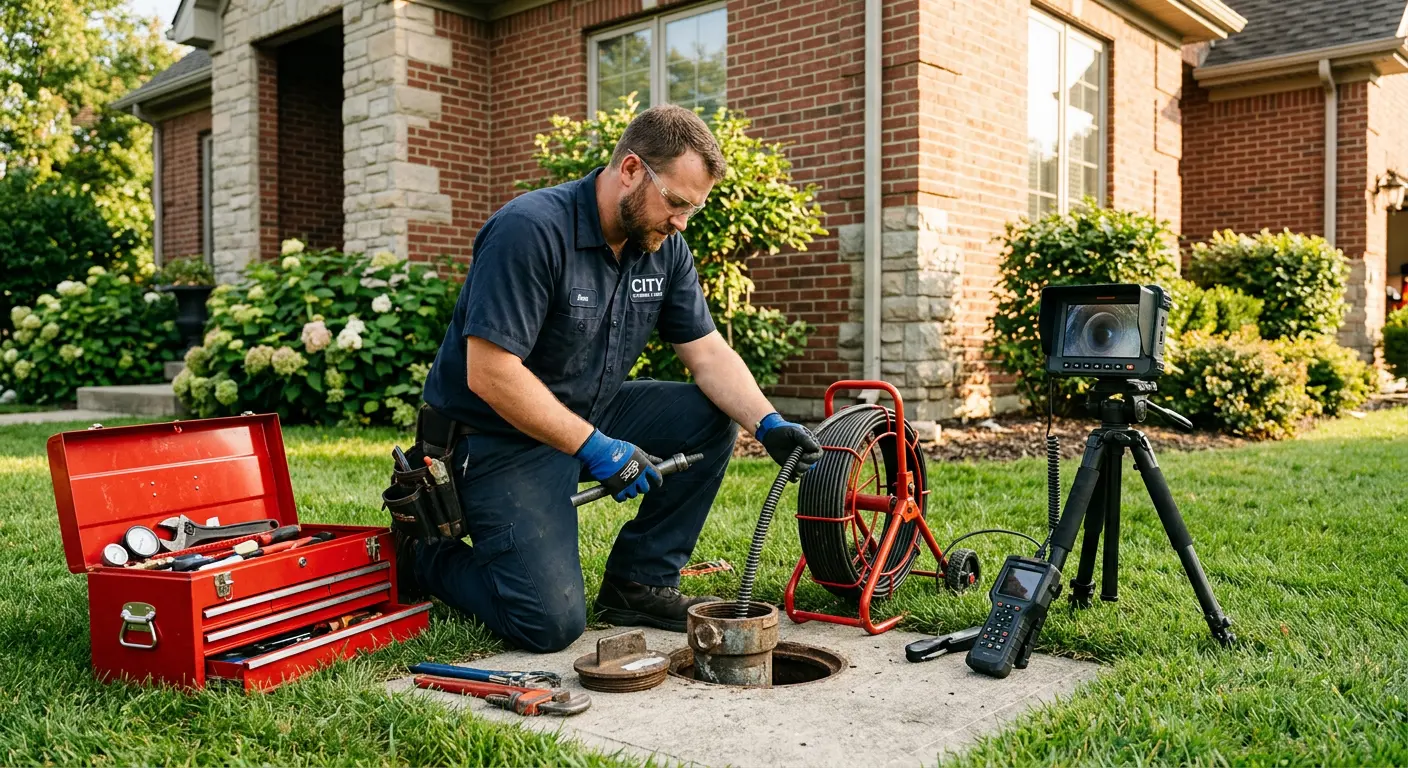 Sewer specialist with camera equipment servicing a cleanout in Montvale