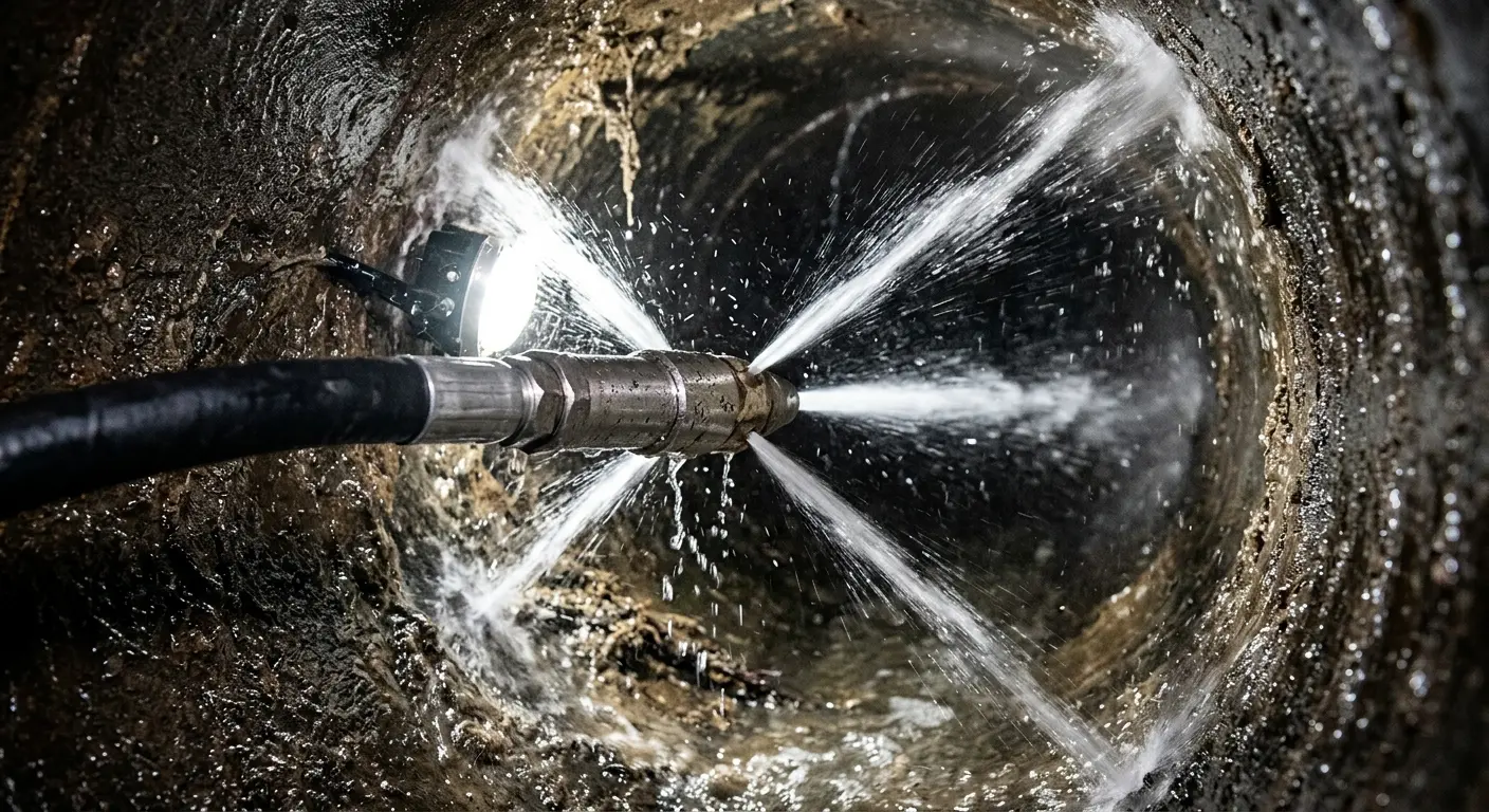 High-pressure hydro jetting nozzle cleaning sewer pipe for Trenchless Sewer Repair in Montvale
