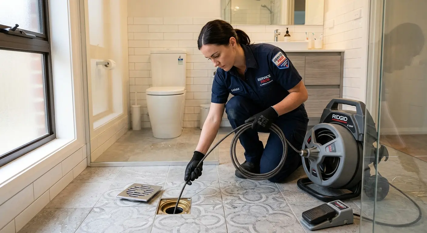 Technician clearing a bathroom floor drain for Clogged Drain Repair in Montvale